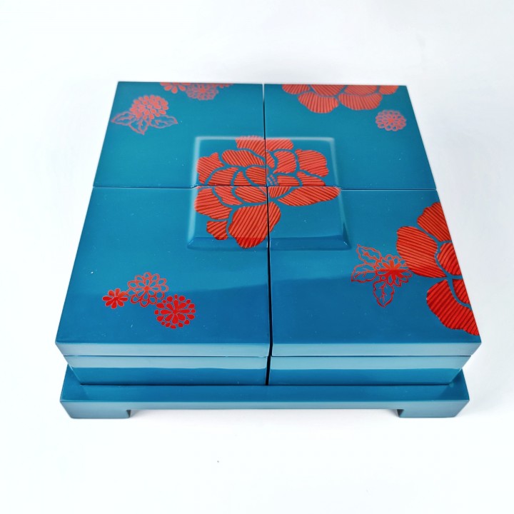 Set of 4 blue square boxes 12cm with convex lids and hand-painted flowers